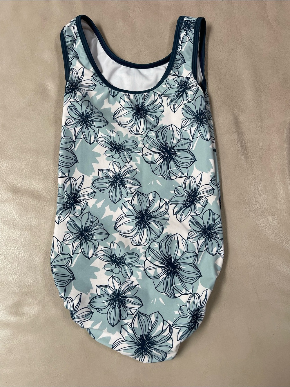 K-Bee Girls Blue White Floral Gymnastics Leotard - Picture 2 of 2
